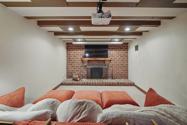 1534 41st St, Des Moines, IA 50311 - living room with carpet, a brick fireplace, baseboards, and beamed ceiling