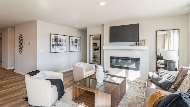 living room featuring a glass covered fireplace, wood finished floors, and baseboards