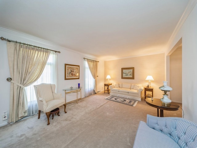 carpeted living area with ornamental molding