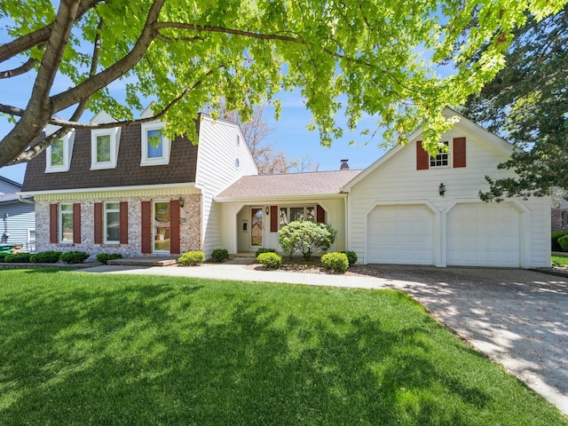 view of front of property with brick siding, a front yard, a garage, and roof with shingles