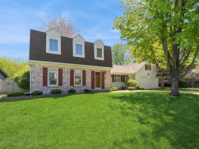 view of front facade with an attached garage, brick siding, and roof with shingles