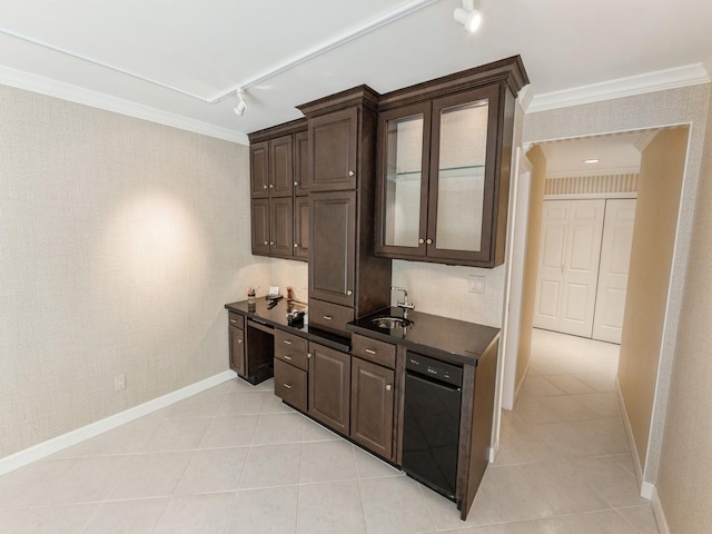 bar featuring rail lighting, light tile patterned floors, crown molding, and baseboards