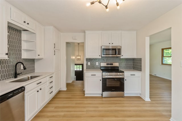 kitchen with stainless steel appliances, a sink, tasteful backsplash, and white cabinetry