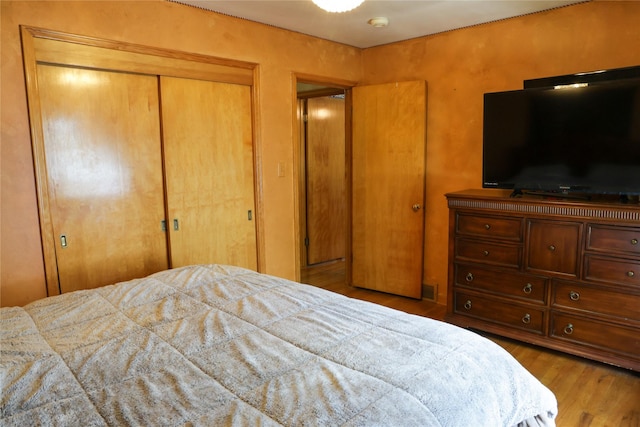 bedroom with wood finished floors and a closet