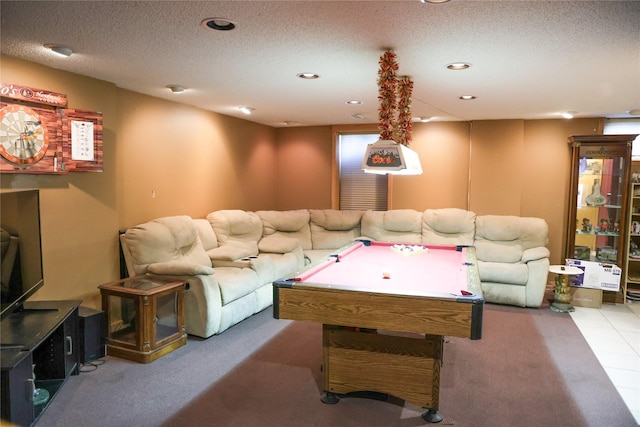 recreation room with carpet, billiards, a textured ceiling, and recessed lighting
