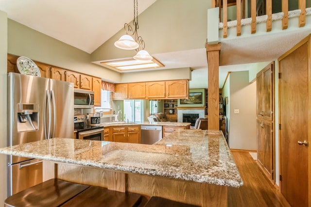 1249 NW 108th Cir, Clive, IA 50325 - kitchen featuring appliances with stainless steel finishes, dark wood-type flooring, a sink, a fireplace, and a kitchen breakfast bar