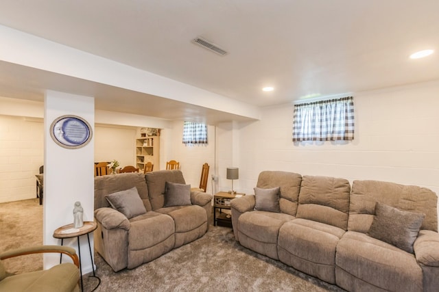 1249 NW 108th Cir, Clive, IA 50325 - carpeted living area with concrete block wall and recessed lighting