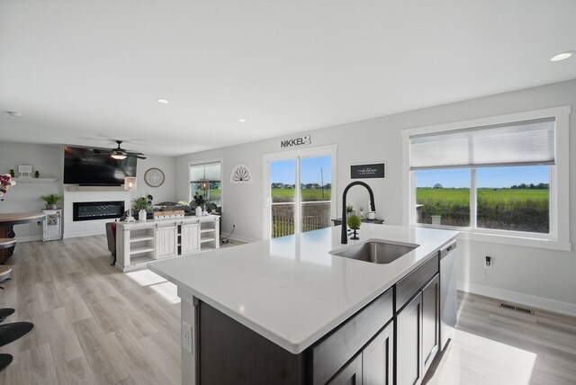 kitchen with a sink, ceiling fan, a glass covered fireplace, dishwasher, and light wood-type flooring