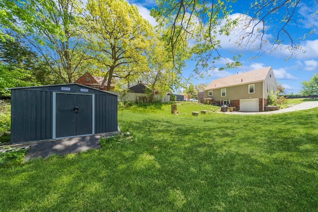 1523 Allison Ave, Des Moines, IA 50314 - view of green lawn with a storage unit, an attached garage, and an outdoor structure