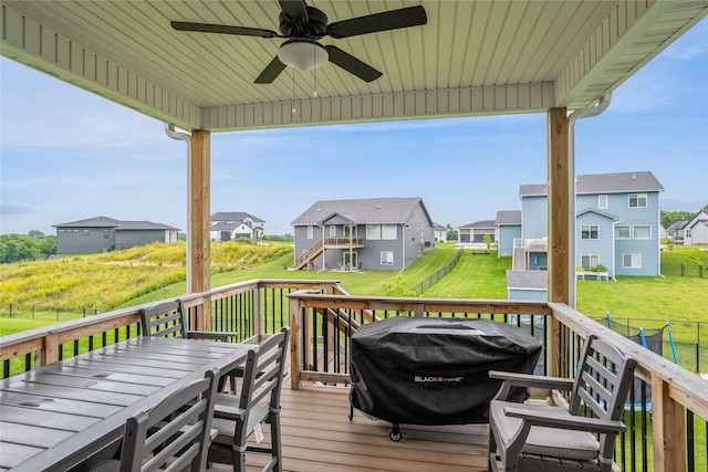 2920 Oak St, Norwalk, IA 50211 - deck with a residential view, a ceiling fan, outdoor dining space, and grilling area
