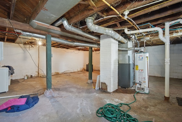 2057 Maple St, Des Moines, IA 50317 - unfinished basement featuring gas water heater and washer / dryer