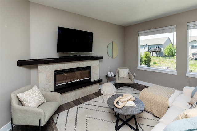 living room with wood finished floors, baseboards, and a fireplace