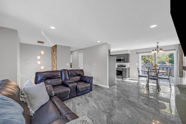 518 Maxwelton Dr, Des Moines, IA 50315 - living room featuring marble tiled floors, a chandelier, baseboards, and recessed lighting