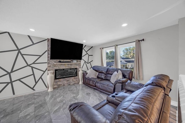 518 Maxwelton Dr, Des Moines, IA 50315 - living area featuring marble tiled flooring, a stone fireplace, recessed lighting, and baseboards