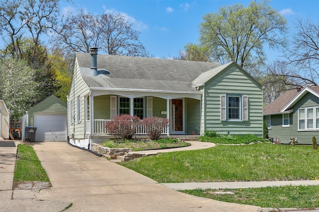 2400 39th St, Des Moines, IA 50310 - ranch-style house with an outbuilding, covered porch, a garage, a chimney, and a front yard
