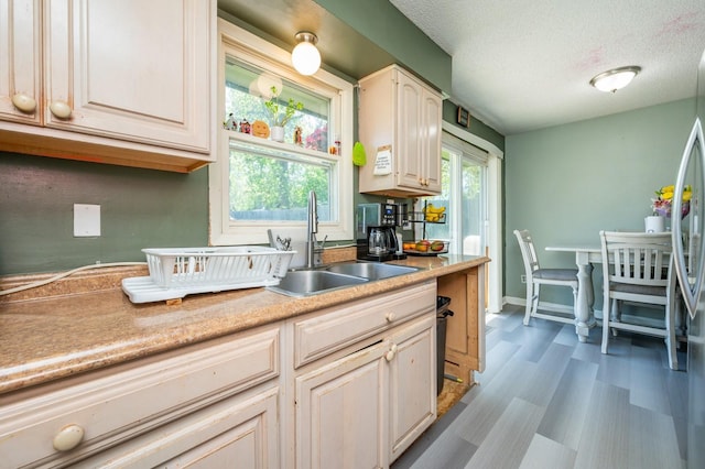 102 Wall Ave, Des Moines, IA 50315 - kitchen with a sink, light countertops, wood finished floors, baseboards, and a textured ceiling