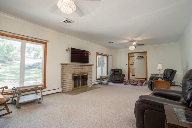 living room featuring ceiling fan, carpet floors, ornamental molding, baseboard heating, and a brick fireplace