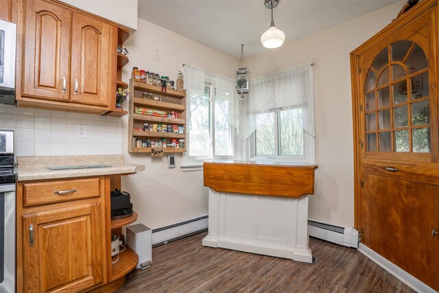 kitchen with open shelves, a baseboard heating unit, decorative backsplash, and light countertops