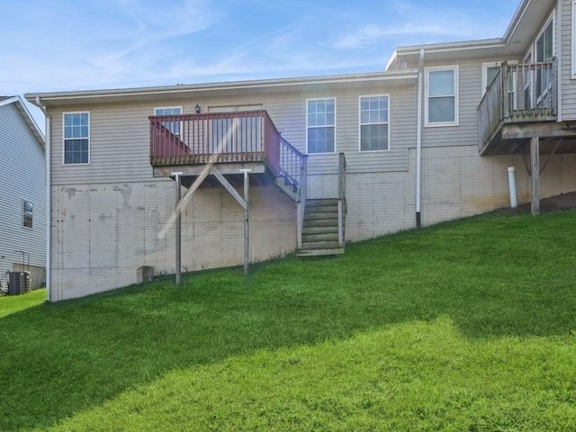 1132 S Goodrich St, Colfax, IA 50054 - back of property with a lawn, a wooden deck, central AC, and brick siding