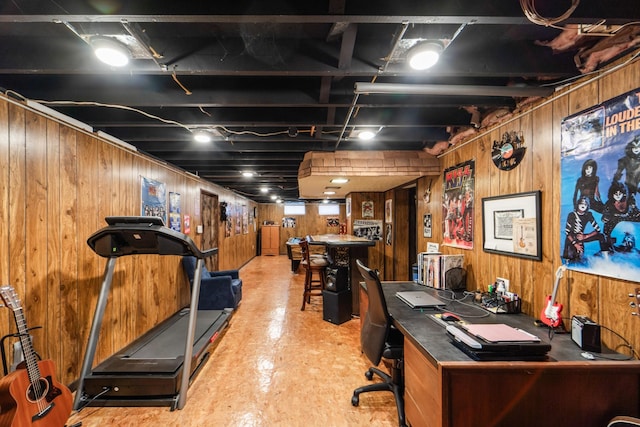 3101 Roblang Ct, Des Moines, IA 50317 - office area with wood walls, tile patterned floors, and bar