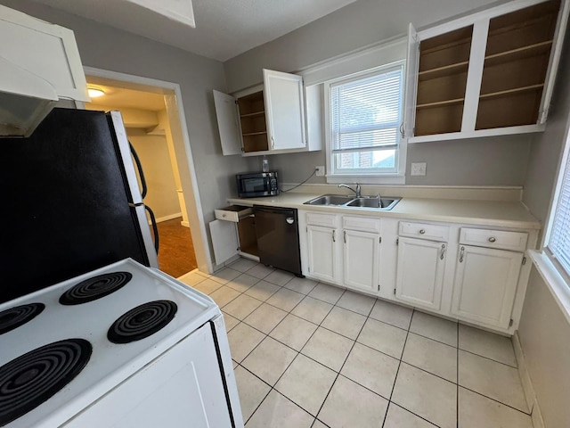 619 Palmer Pl, Des Moines, IA 50315 - kitchen featuring open shelves, white range with electric cooktop, dishwasher, a sink, and freestanding refrigerator