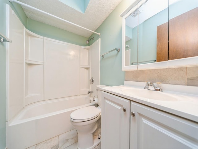 5200 Twana Dr, Des Moines, IA 50310 - full bath with toilet, shower / tub combination, vanity, tasteful backsplash, and a textured ceiling