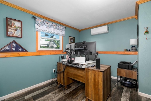 office space with a wall mounted AC, crown molding, wood finished floors, and baseboards