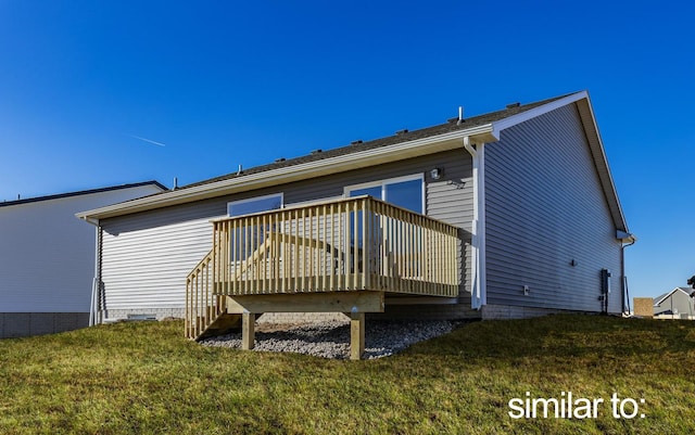 back of house with a wooden deck, a lawn, and crawl space