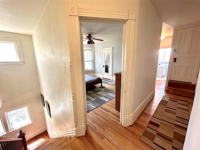 hall featuring light wood-type flooring, healthy amount of natural light, and baseboards