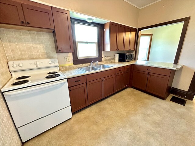 kitchen featuring white electric stove, a sink, stainless steel microwave, light countertops, and crown molding