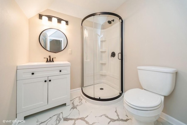 930 Forest Ave, Des Moines, IA 50314 - full bathroom featuring marble look tiles, a shower stall, vanity, toilet, and baseboards