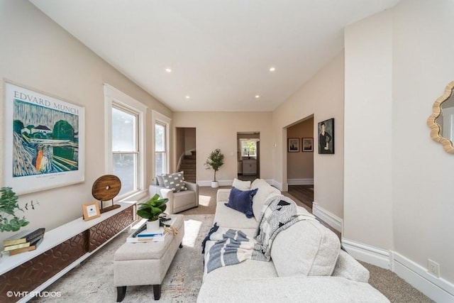 930 Forest Ave, Des Moines, IA 50314 - living area with baseboards, recessed lighting, and stairs