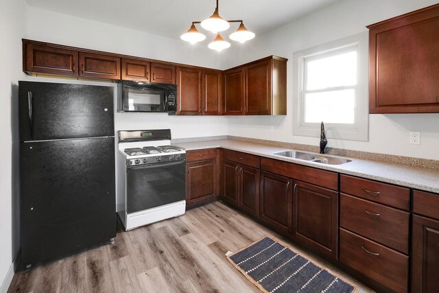 325 E Maple Ave, Ottumwa, IA 52501 - kitchen with black appliances, a sink, light wood-style floors, light countertops, and pendant lighting