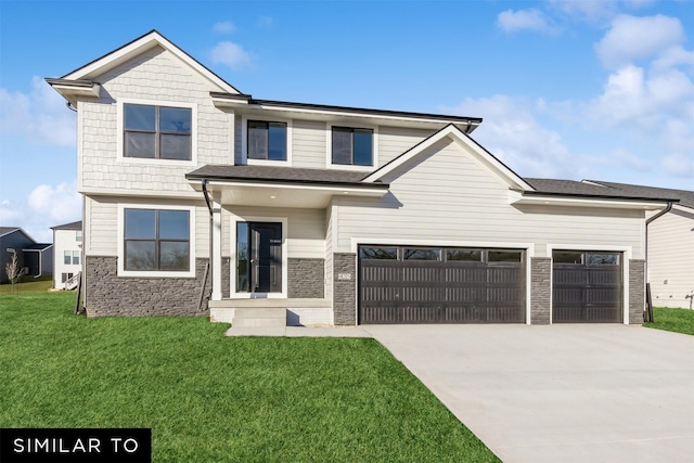 2540 SE Kettleridge Ln, Waukee, IA 50263 - view of front of home with driveway, a front lawn, stone siding, and a garage