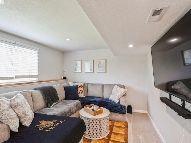 5031 Cherrywood Dr, West Des Moines, IA 50265 - living room with carpet floors, baseboards, a textured ceiling, and recessed lighting