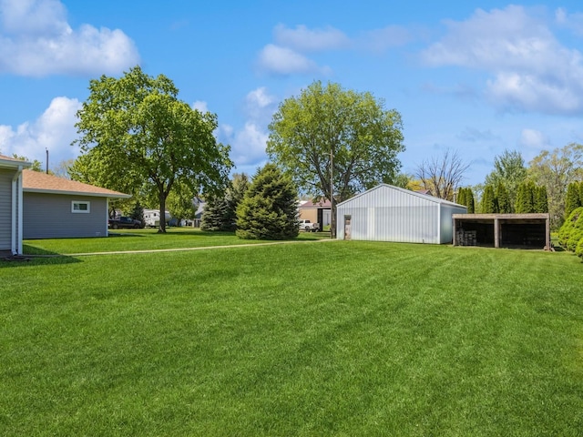 view of green lawn featuring an outbuilding and an outdoor structure
