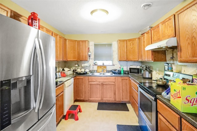 1424 Cleveland Ave, Des Moines, IA 50316 - kitchen with stainless steel appliances, under cabinet range hood, a sink, dark countertops, and light flooring