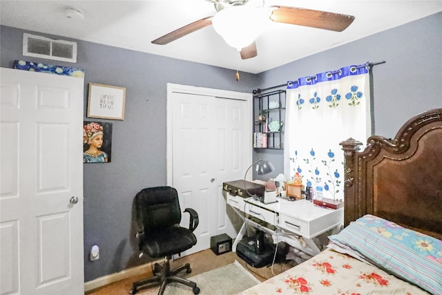 1424 Cleveland Ave, Des Moines, IA 50316 - bedroom with a closet, a desk, a ceiling fan, and baseboards