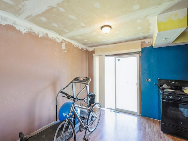 exercise room featuring wood finished floors