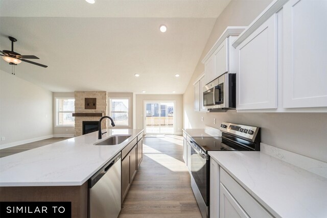 4404 NE 8th St, Ankeny, IA 50021 - kitchen with a sink, appliances with stainless steel finishes, open floor plan, a stone fireplace, and light wood-style flooring