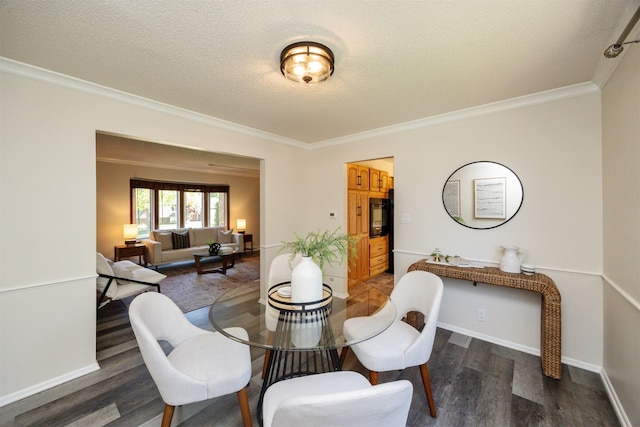 10476 Ricardo Rd, Clive, IA 50325 - dining area with dark wood-style floors, ornamental molding, a textured ceiling, and baseboards