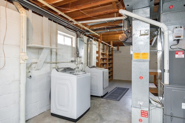10476 Ricardo Rd, Clive, IA 50325 - below grade area with washing machine and dryer, electric panel, concrete block wall, and heating unit