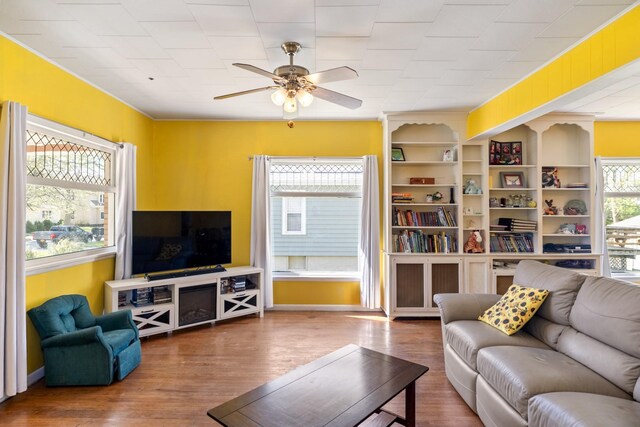 910 Washington St, Eldora, IA 50627 - living room featuring ceiling fan, wood finished floors, and baseboards
