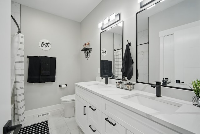 425 NW Woodmoor Dr, Waukee, IA 50263 - bathroom with marble finish floors, toilet, baseboards, and a shower with shower curtain