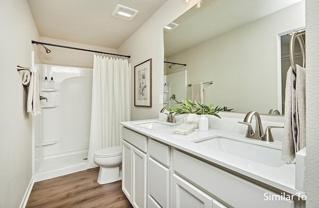 5560 165th St, Urbandale, IA 50323 - bathroom featuring wood finished floors, toilet, double vanity, and curtained shower