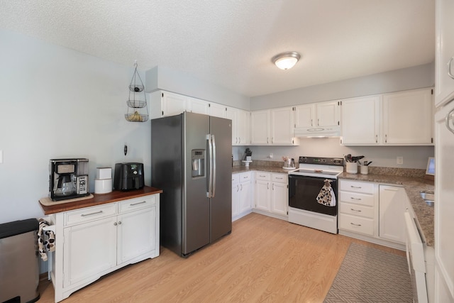 8123 Brookview Dr, Urbandale, IA 50322 - kitchen featuring white electric range oven, stainless steel refrigerator with ice dispenser, under cabinet range hood, white cabinetry, and a textured ceiling