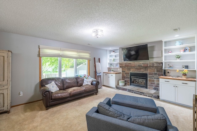 8123 Brookview Dr, Urbandale, IA 50322 - living room featuring light colored carpet, a stone fireplace, and a textured ceiling