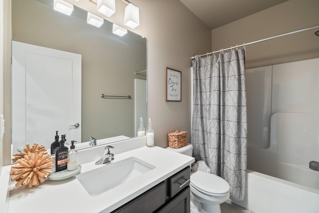 full bathroom featuring vanity, toilet, and shower / bathtub combination with curtain