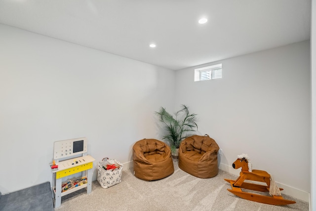 rec room featuring carpet floors, baseboards, and recessed lighting