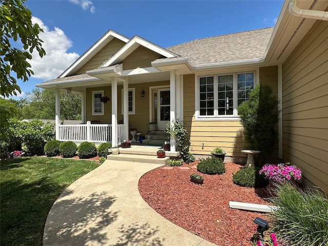 711 E Madison St, Winterset, IA 50273 - view of exterior entry with a porch, a shingled roof, and a yard
